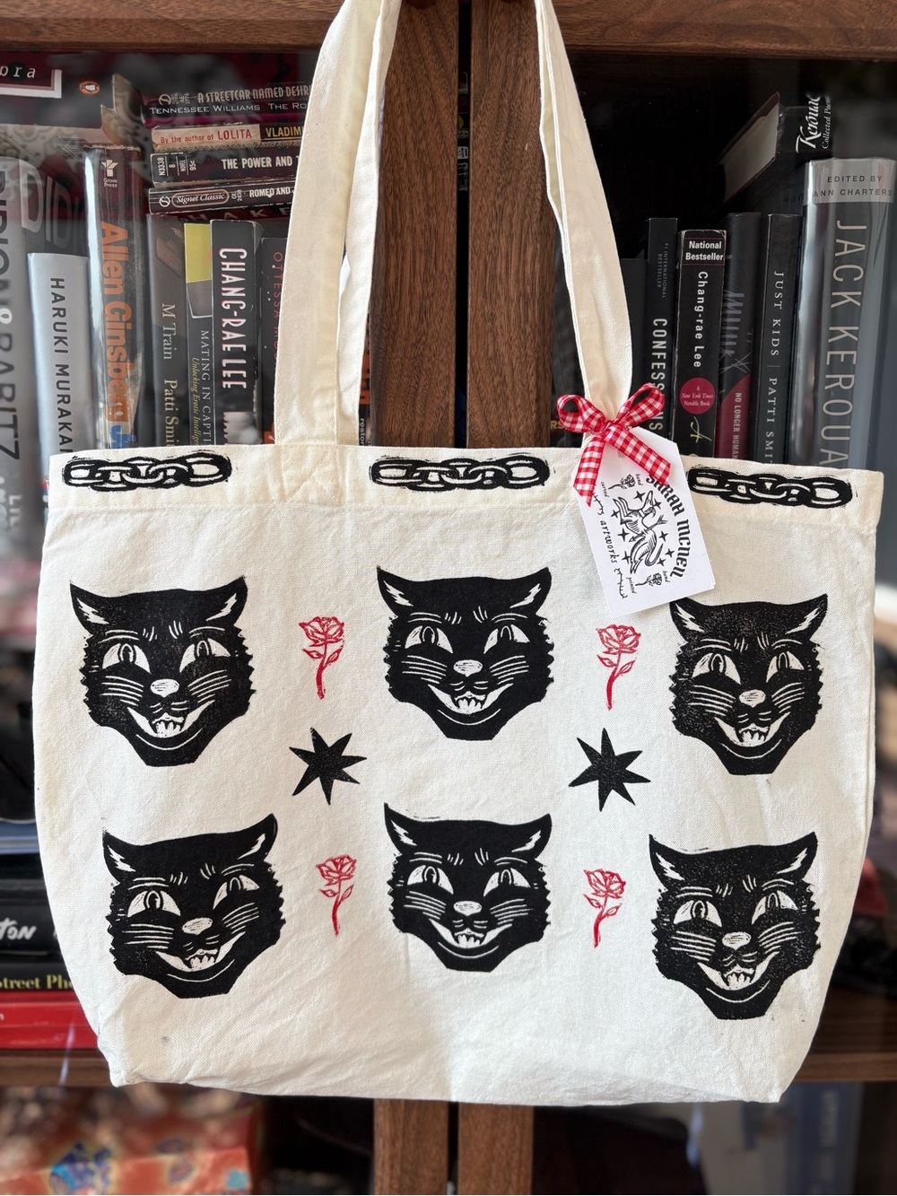 Hand-Printed Black Cat Canvas Tote Bag